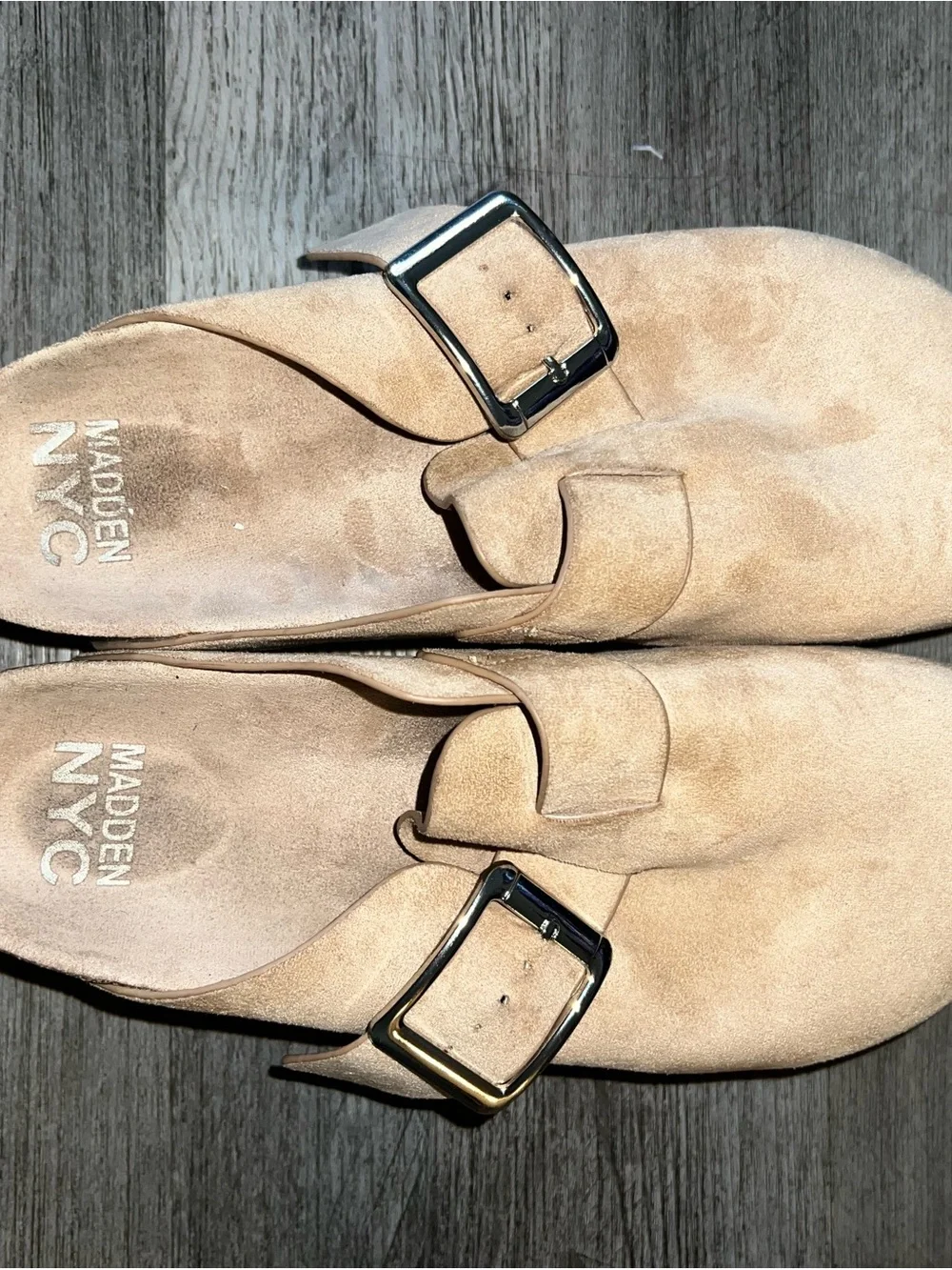 Madden NYC Tan Suede Slide with Silver Buckle